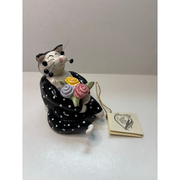AS IS Whimsiclay by Amy Lacombe Cat Sculpture Figurine 2001 Black w Flowers - Picture 2 of 9